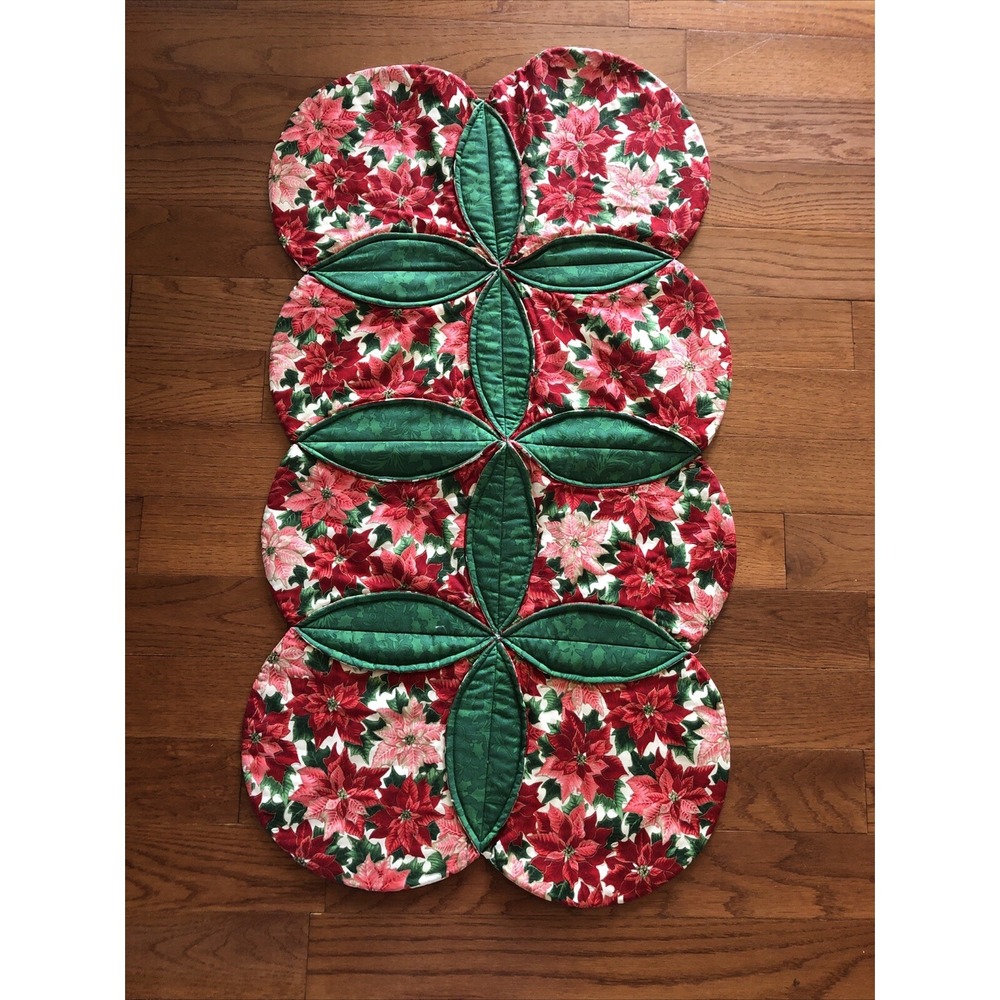 Cathedral Window Christmas Quilt Table Runner Handmade 20x37 Red Green Floral